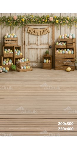 Tło fotograficzne „Rustykalne drzwi wielkanocne z pastelowymi jajkami i girlandą” | E658